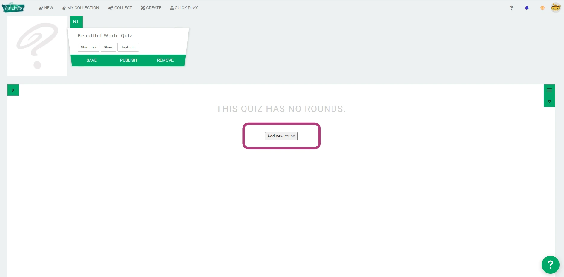 Create new round in quiz