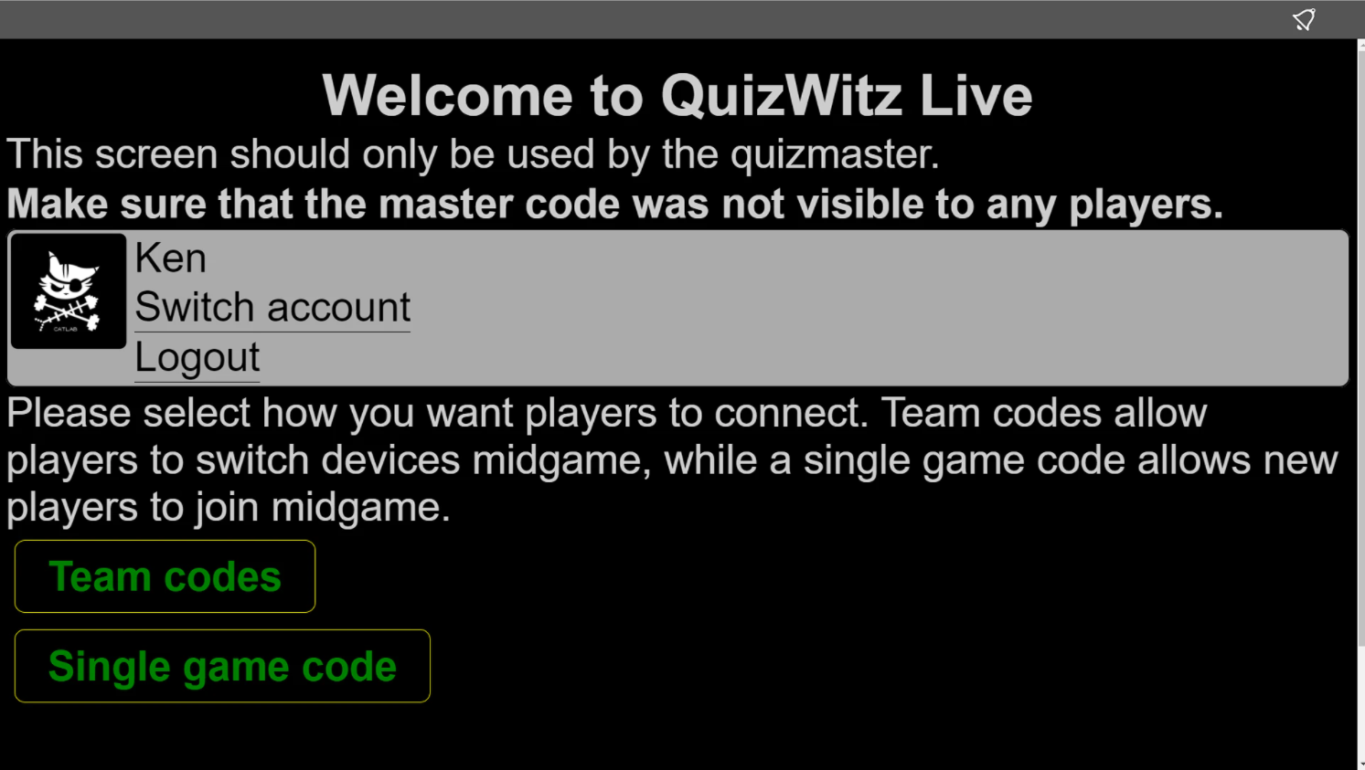 Quizmaster app - select mode