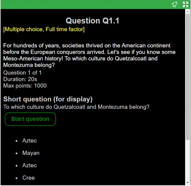 Quizmaster app - start question