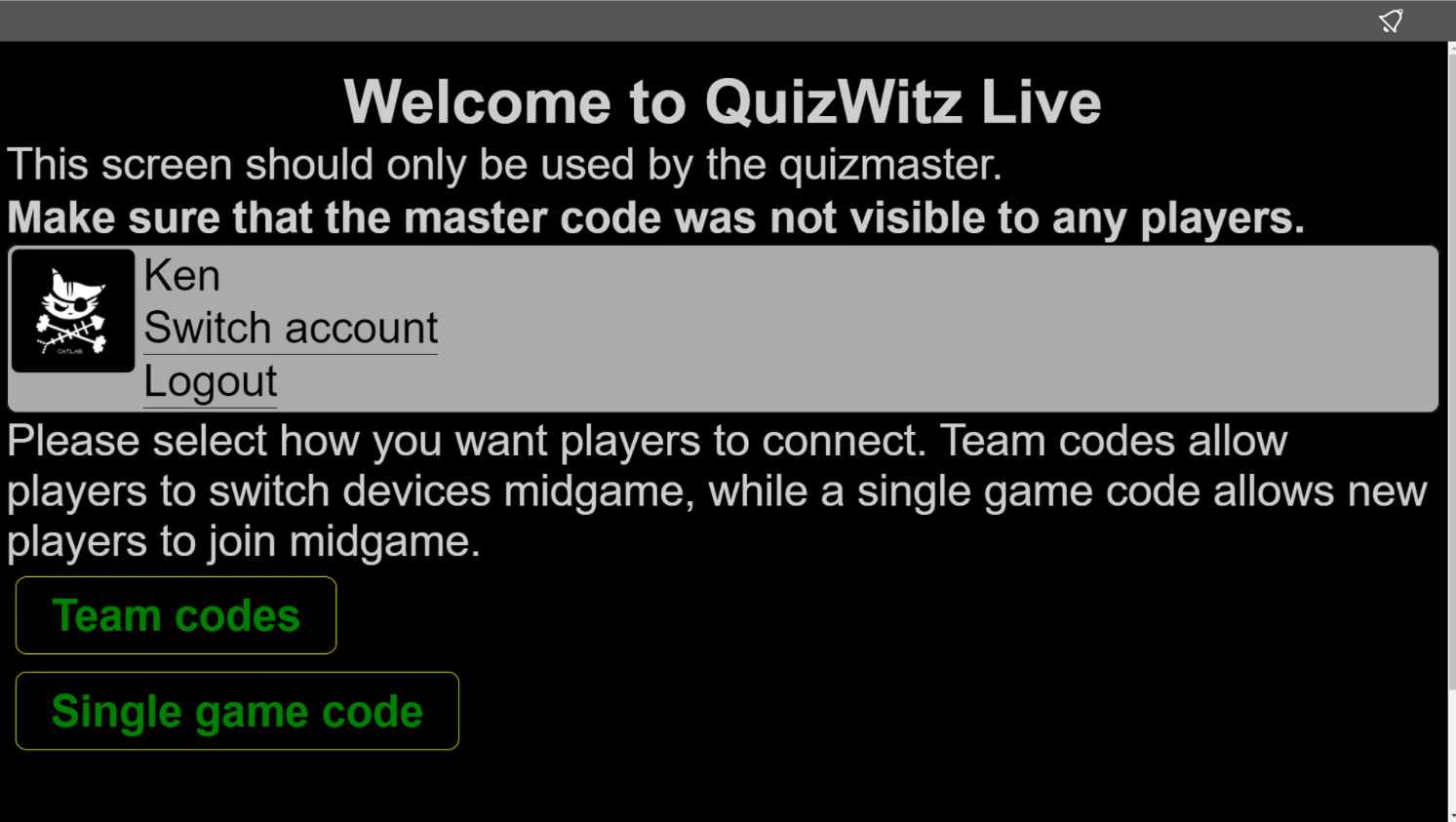 Quizmaster app - výběr režimu