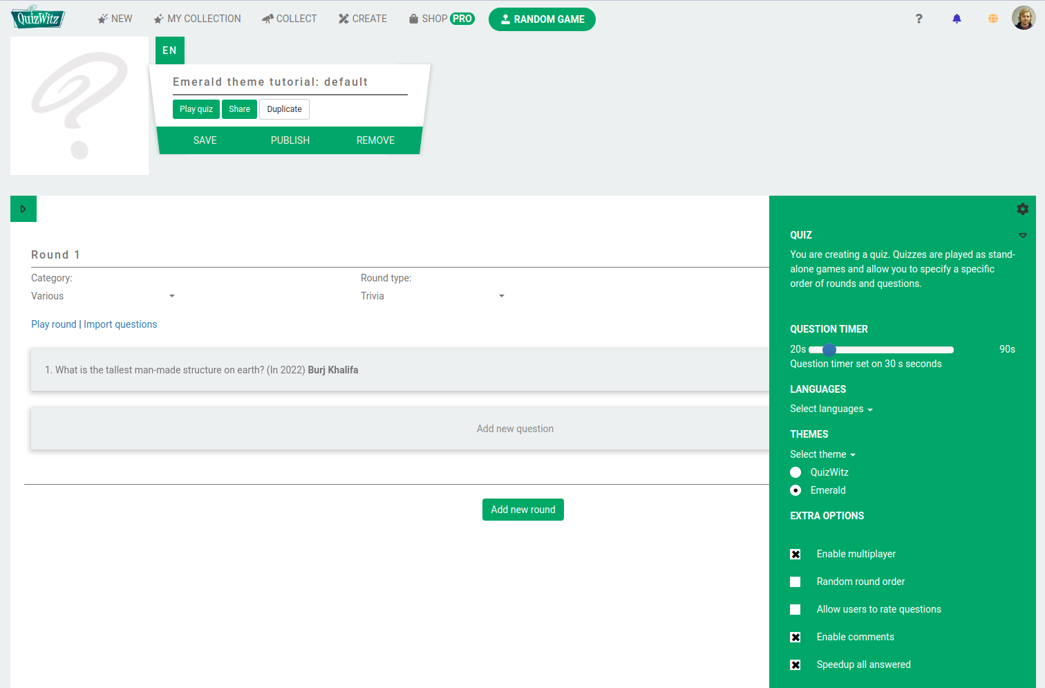 Ein Screenshot der Quiz-Einstellungen