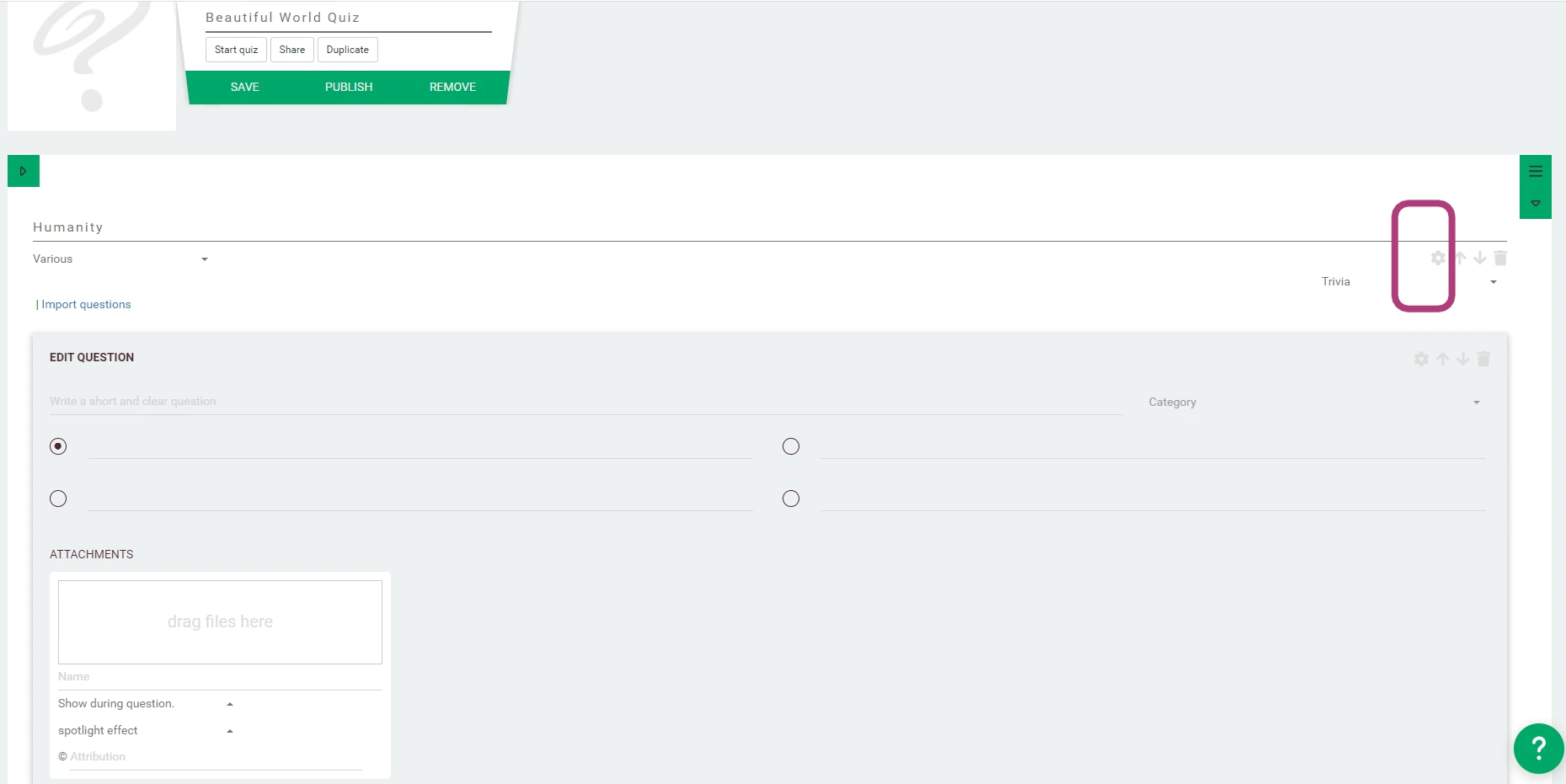 Ouvrir les options du quiz