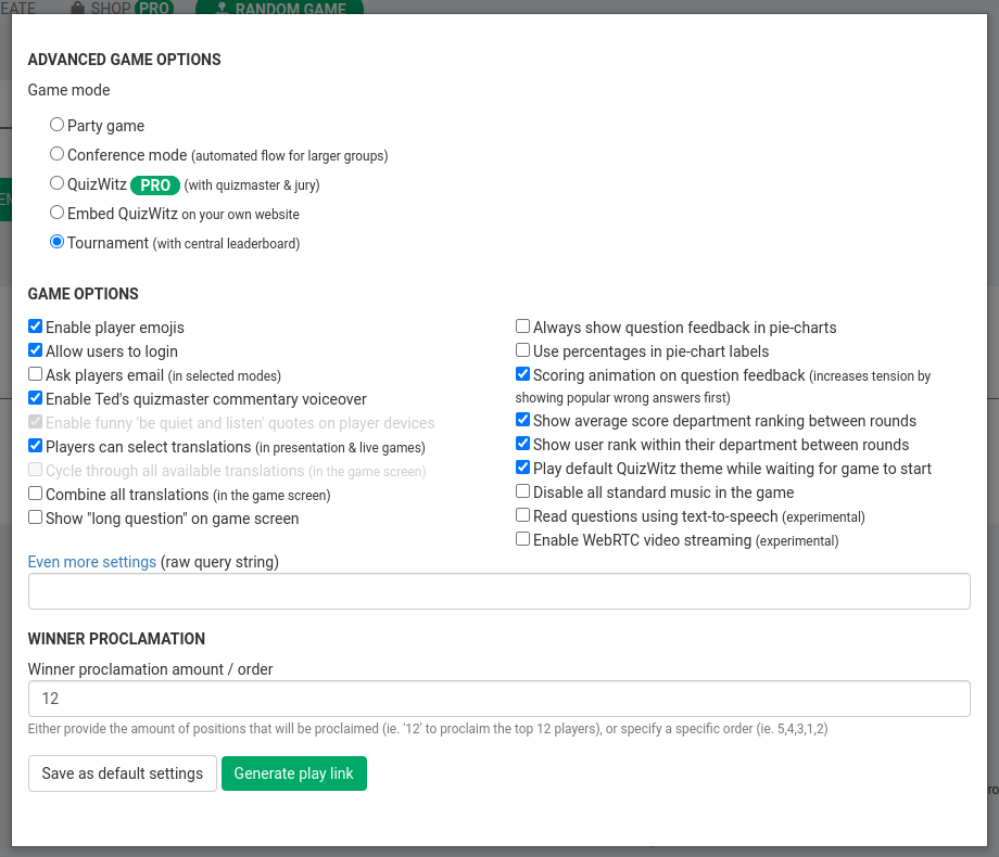 Une capture d’écran du menu « Options de jeu avancées »