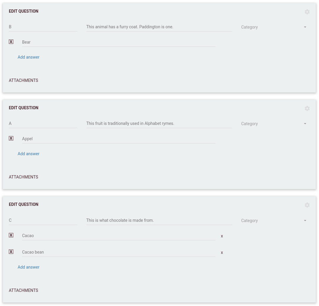 Screenshot di un round Alfabeto nell'editor del quiz