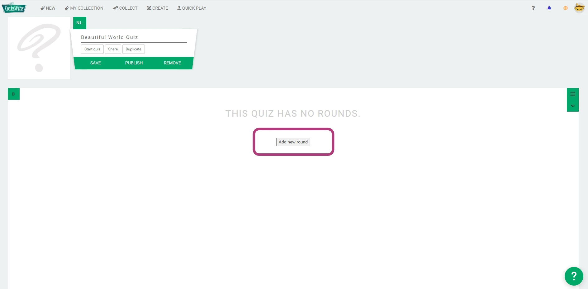 Crea un nuovo round nel quiz
