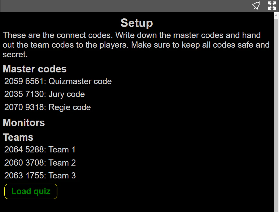 Quizmaster app - get team codes
