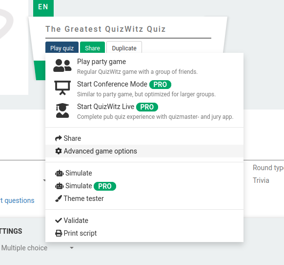 Een screenshot van het &#39;Start quiz&#39; menu