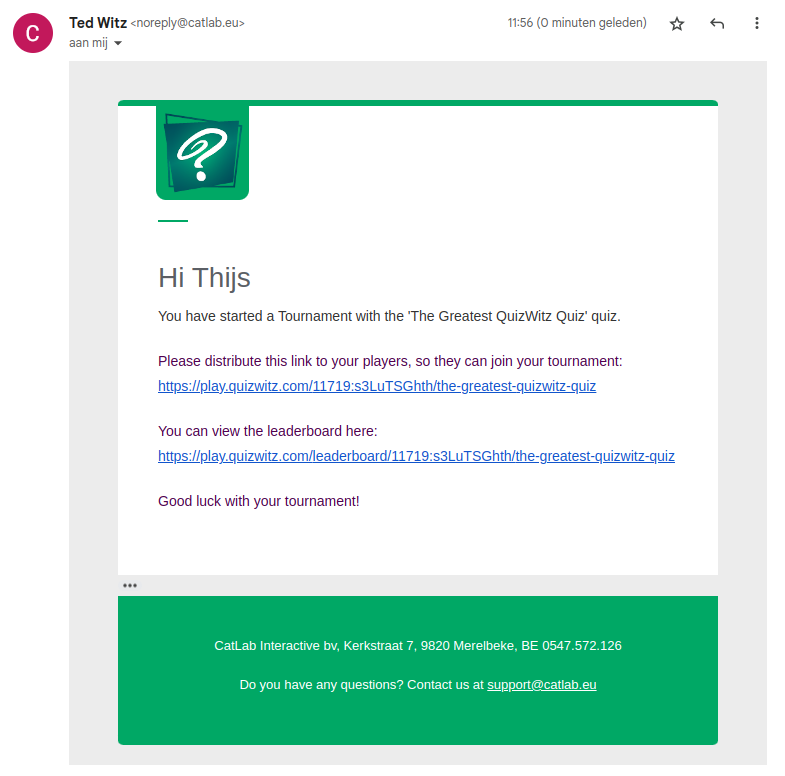 Uma captura de ecrã do email do torneio